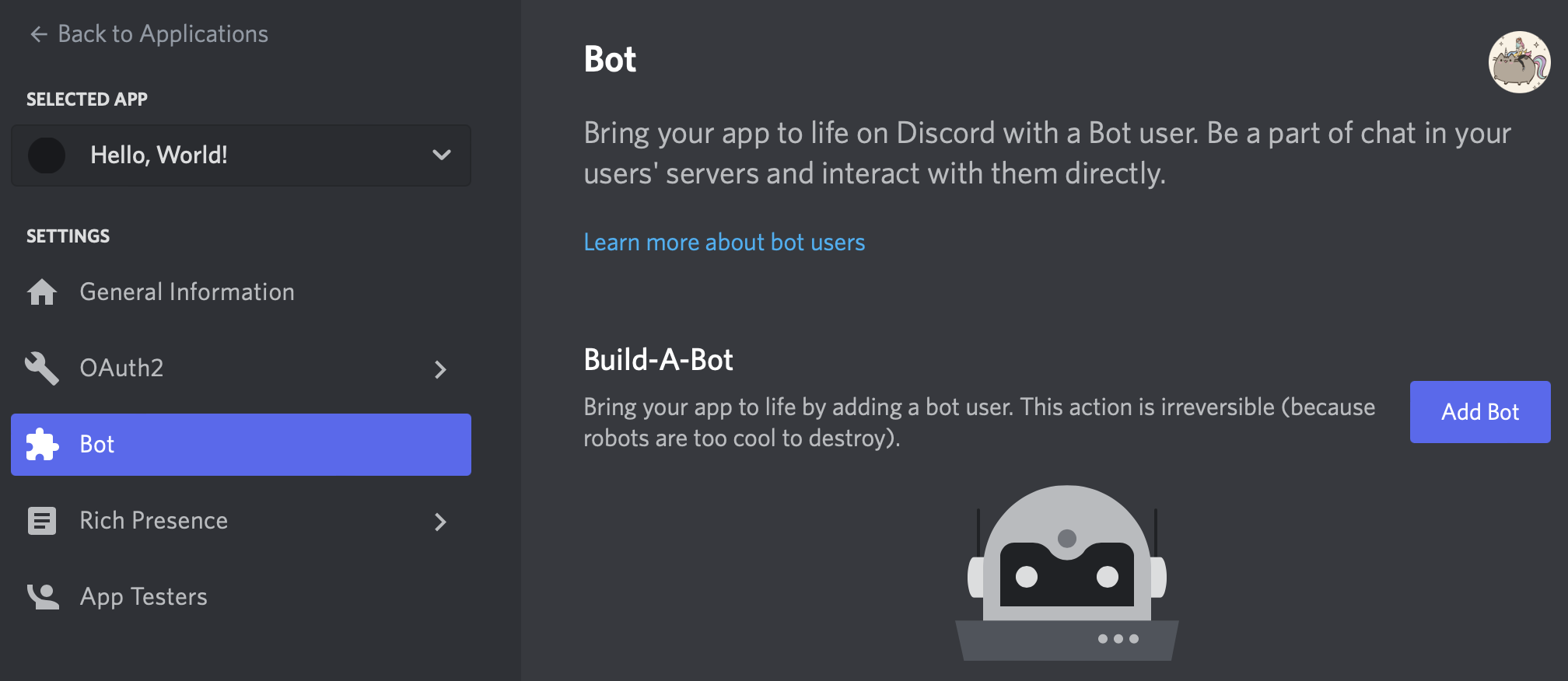 Creating a Bot from Discord application settings