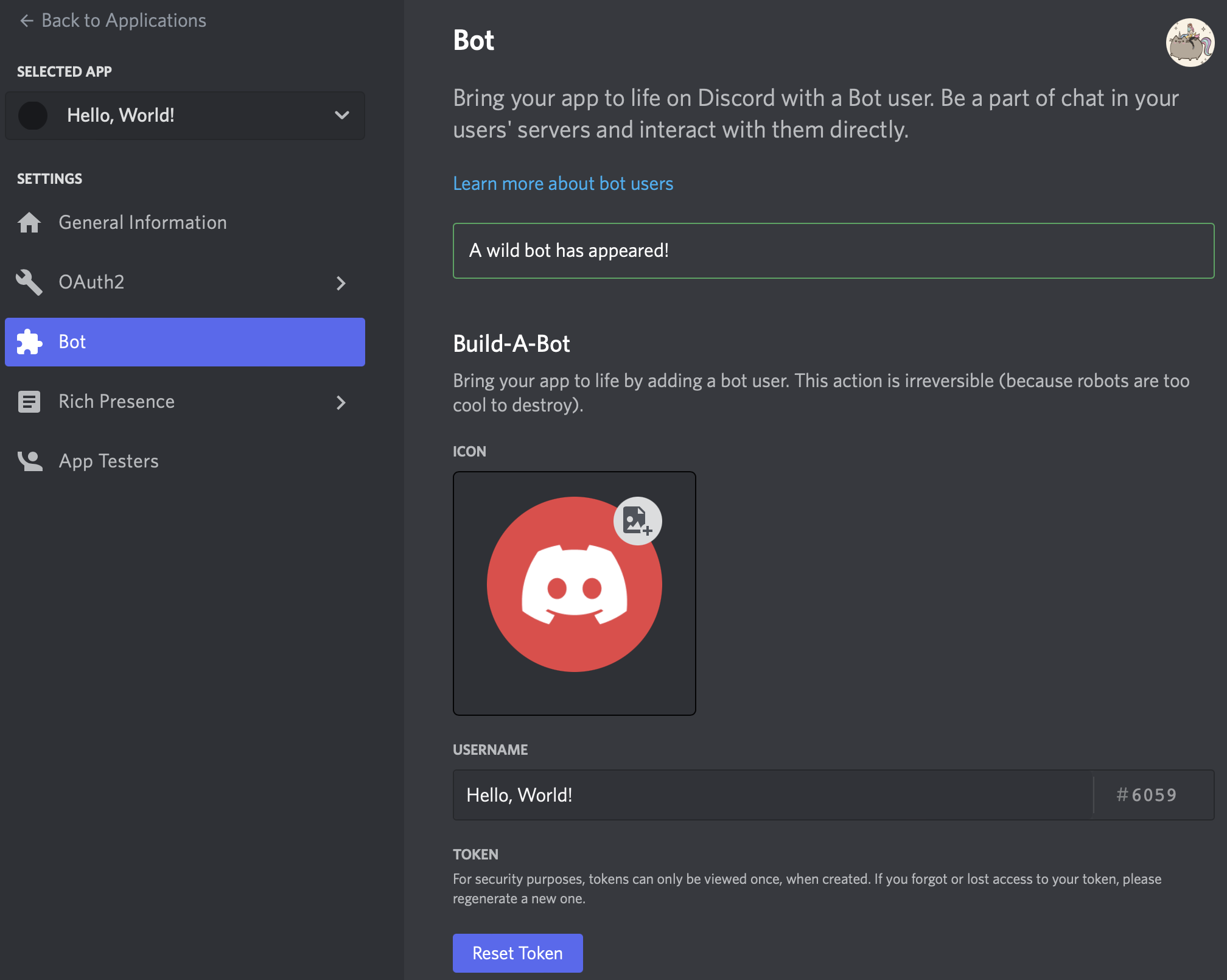 Build-A-Bot settings page