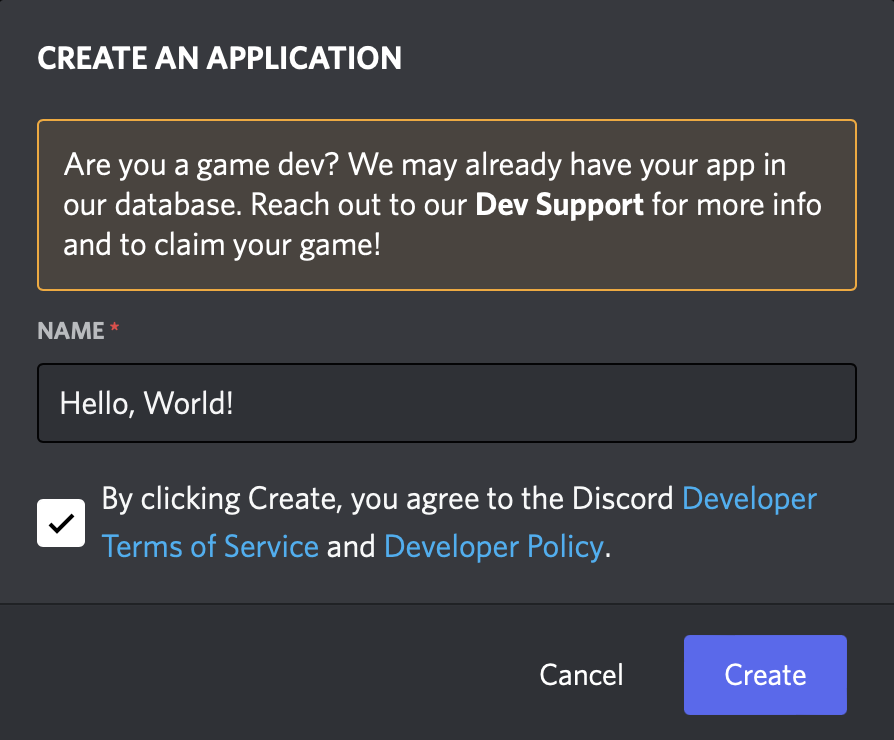 Creating and naming a Discord App