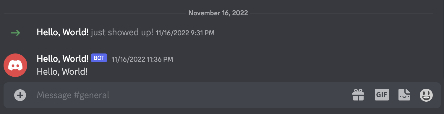 The Discord Bot successfully posts "Hello, World!" in the server.